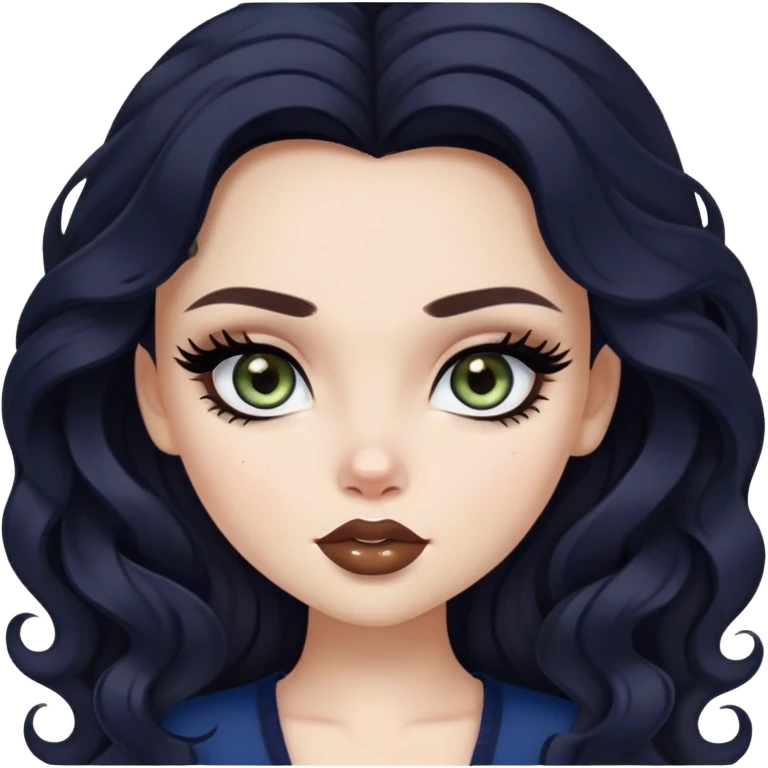 pretty bratz baddie, black eyeliner, pale skin, dark brown clong wavy hair, dark blue  eyes emoji