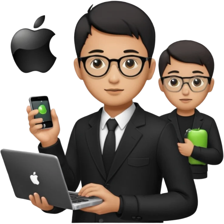 a asia man guy his 20s wearing an apple notebook, wearing bodyguard radio operator, round glasses, blAck clothes emoji
