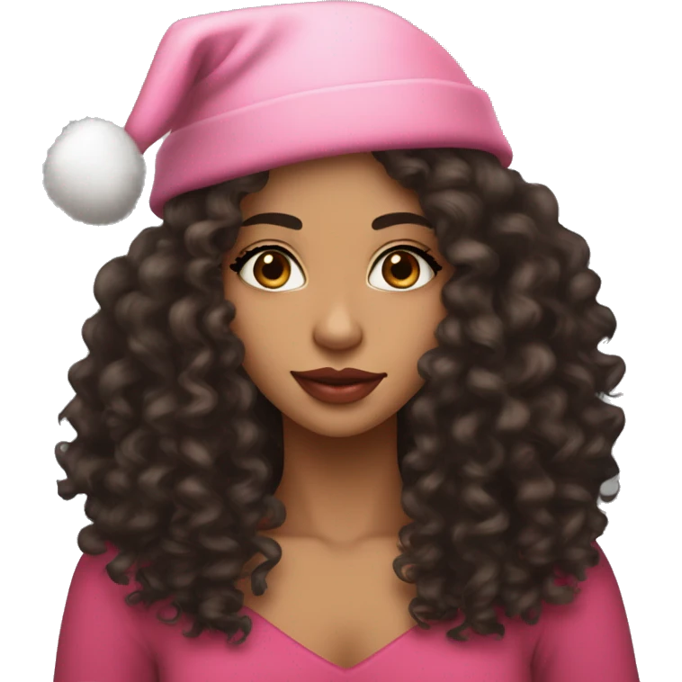 light brown skinned pretty woman with long black curly hair and almond brown eyes with pink christmas hat with big lips emoji