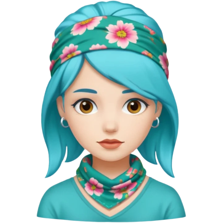 woman with a floral-patterned bandana and turquoise hair emoji