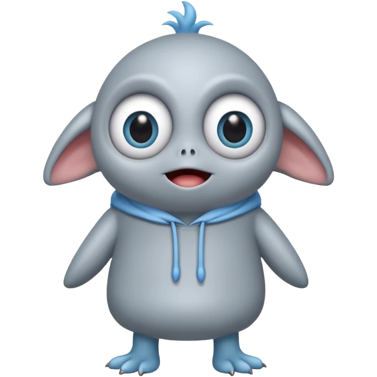 ..it has 1 eye....stands upright ...wears clothing. is light grey and light blue..looks happy and cuddly... doesnt have a full head.... there is a appendage coming out of top of body with a single large eye emoji