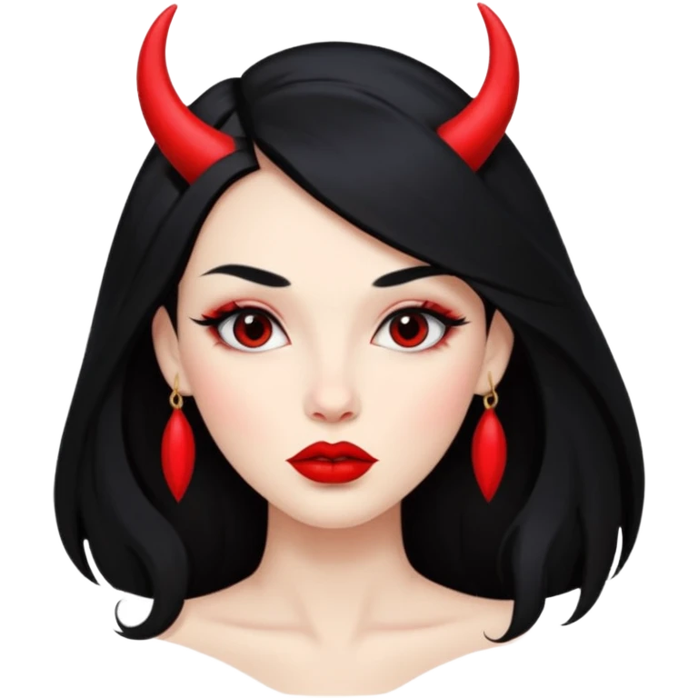 A skin red girl's face with cheekbones, long black hair, small red horns, big lips emoji