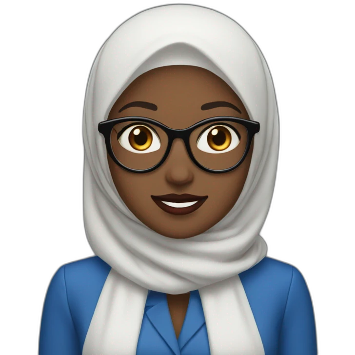 blue Hijabi white woman with glasses and brown eyes wearing a blue suit red lipstick emoji