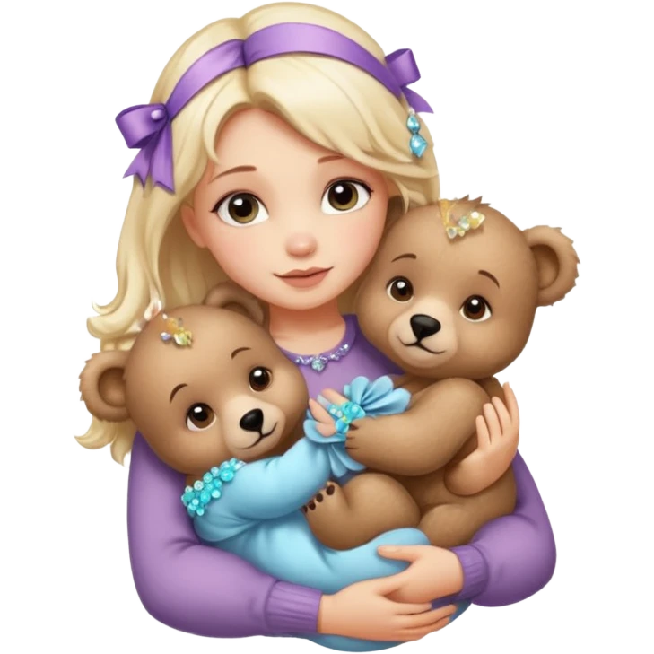 woman hugging baby bears with ribbons and crystals emoji