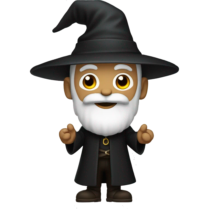 A wizard with a black hat and a black coat. He has a white beard. He is Happy. His full body is shown emoji