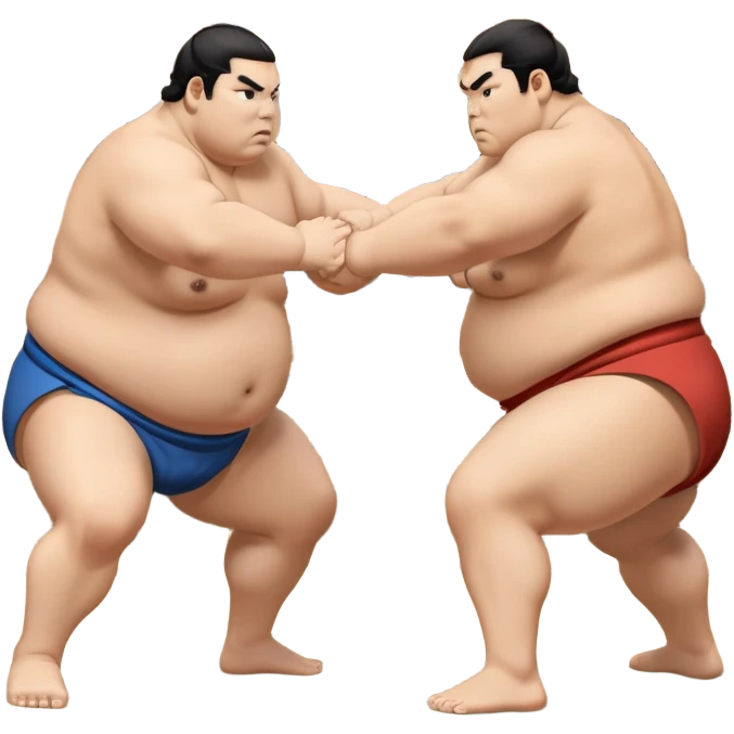 Two sumo wrestlers in a classic dohyo ring, each displaying powerful stances and ready to engage in a fierce match. One wrestler attempts a pushing attack, while the other counters with a thrust. The background shows the traditional sumo arena and spectators. Transparent background. emoji