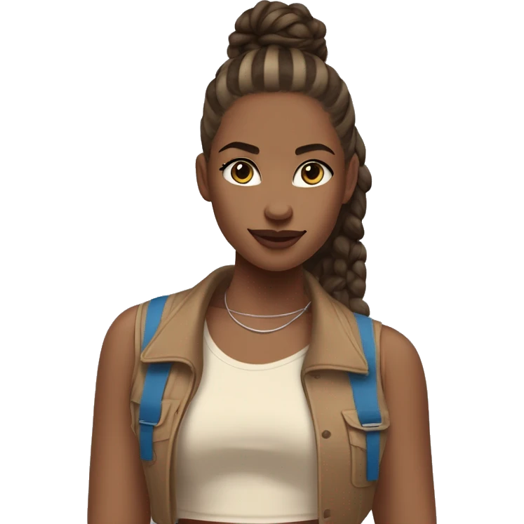 A girl wearing brown vest top with beige open crop shirt with brown vertical lines with blue straight jeans and white belt with white air Jordan high and doing a half bun ponytail  emoji