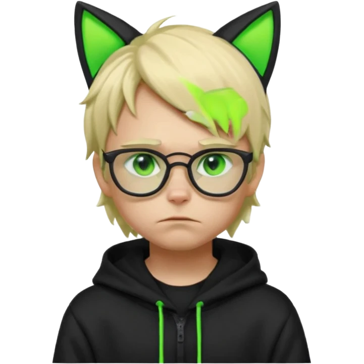 A blond hacker boy with black glasses and a black hoodie with neon green cat ears, cyberpunk style, sad expression, glowing green eyes, soft lighting emoji