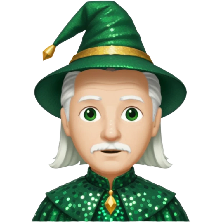 The Wizard from the Wizard of Oz with white hair, dark green sequin outfit emoji