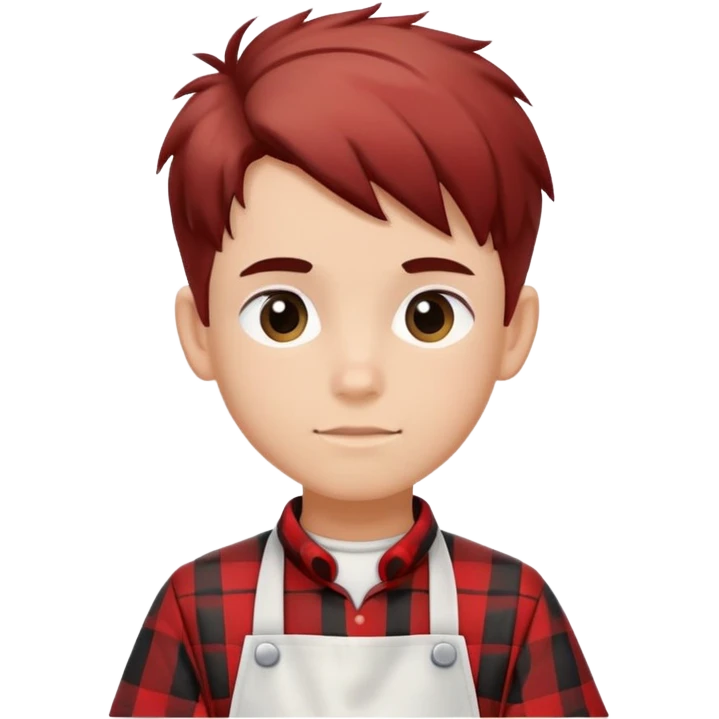 boy with hair up wearing a black, red, and white plaid apron emoji