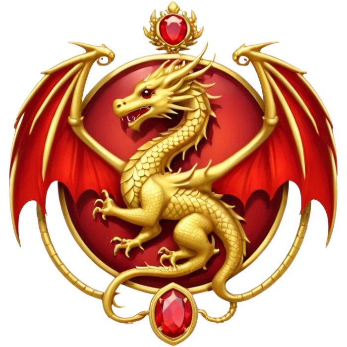 Golden dragon with wings crest / brosch in a circle with red gems and no background emoji