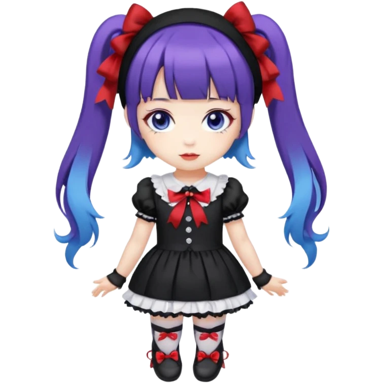 Chibi kawaii, violet eyes, black-blue twin tails, red ribbons, red beanie, black & white lolita dress with red accents, white thigh-highs, black mary janes, cute aesthetic. emoji