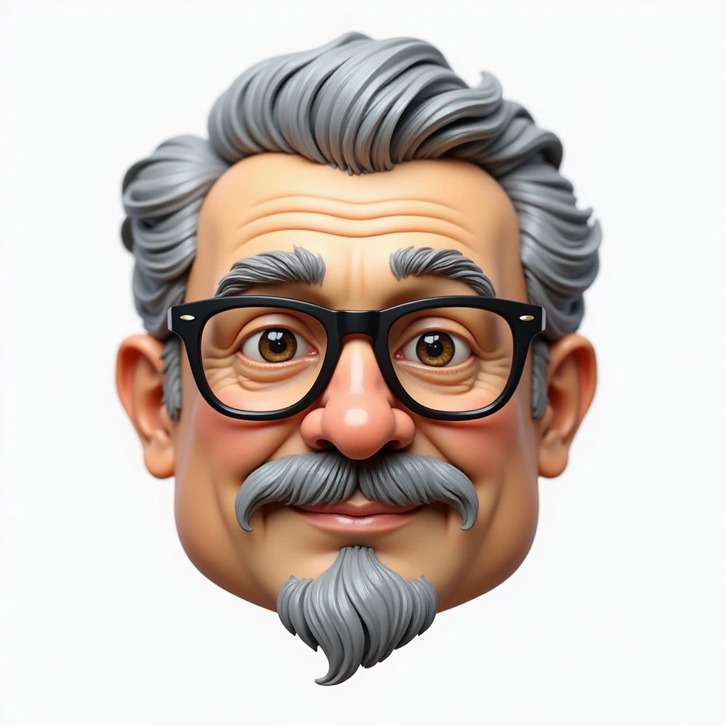 emoji réaliste d'un homme de 60 ans, cheveux très courts gris, visage rond, lunettes, moustache et bouc court emoji