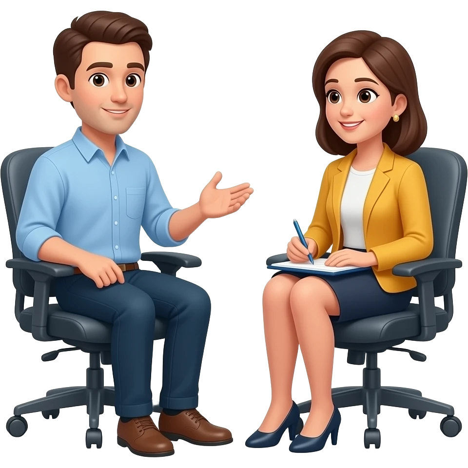 create an emoji of a psychology session where someone is talking seated in front of another person that is taking notes seated. make the chair better emoji