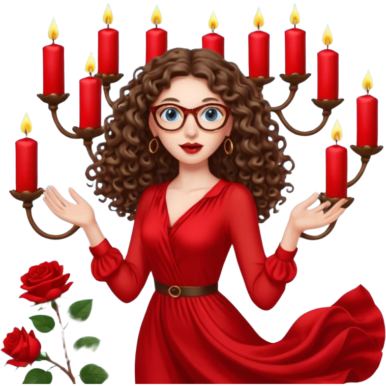 a blue eyed woman with very long brunette curly hair, full lips,and really pale skin. She is wearing a leopard printed thin round-ish glasses . She is wearing fully plain silky red dress. She is flying on the air. There are candles and sculptures and red roses all around her. She is making a magic. emoji