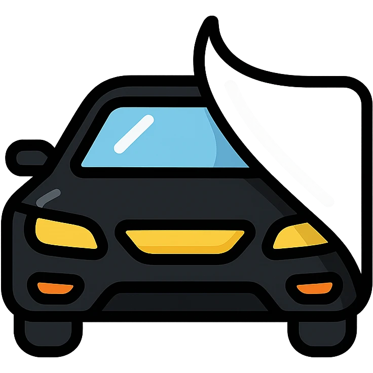 high-end black car icon partially covered by a rolled transparent or light gray film with curved adhesion effect, glossy black main color, modern and clean style, no text emoji