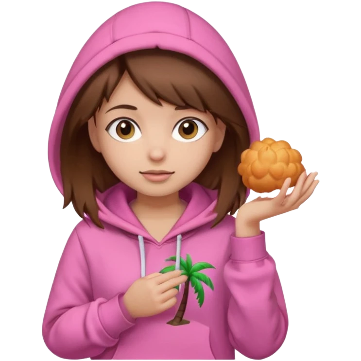 Girl with brown hair wearing a pink palm puff hoodie emoji