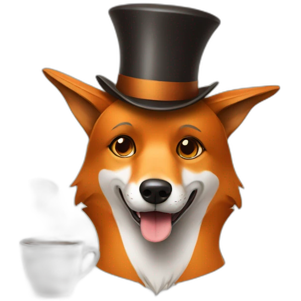 A dog looking like a fox drinking coffee wearing a high hat emoji