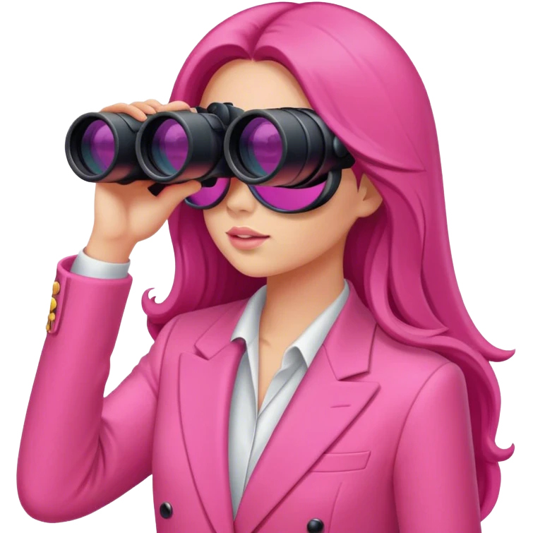woman with long hair in an intensive color pink suit looking through binoculars emoji