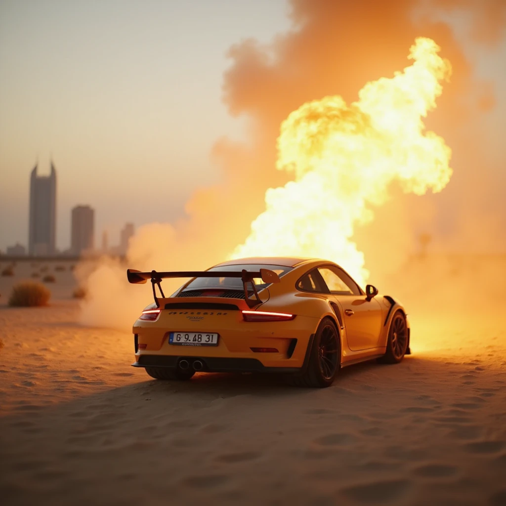 Cinematic shot, Porsche 911 gt3 rs in fire, desert, sunny day, dubai city in background emoji