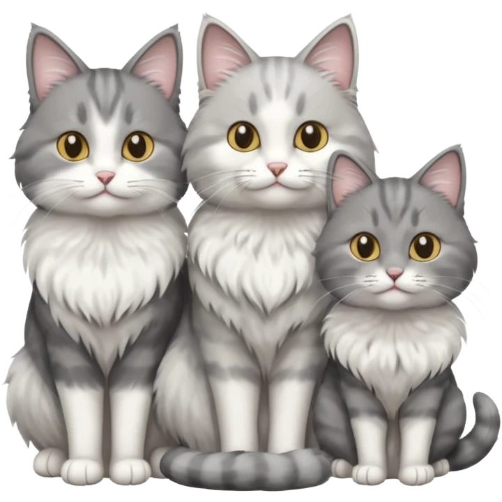 a very fluffy grey and white cat sitting with 2 other cats emoji