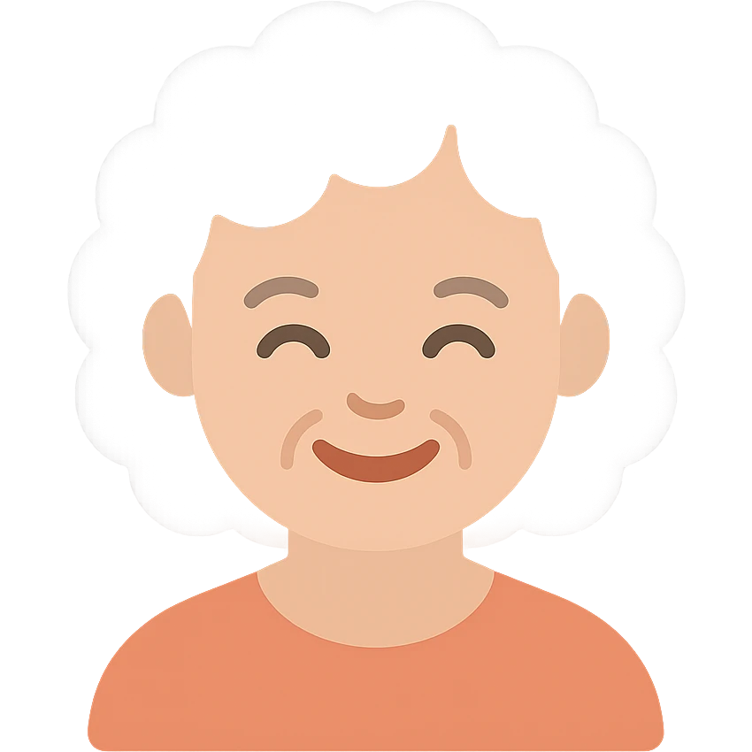 older lady with silver curly hair smiling emoji