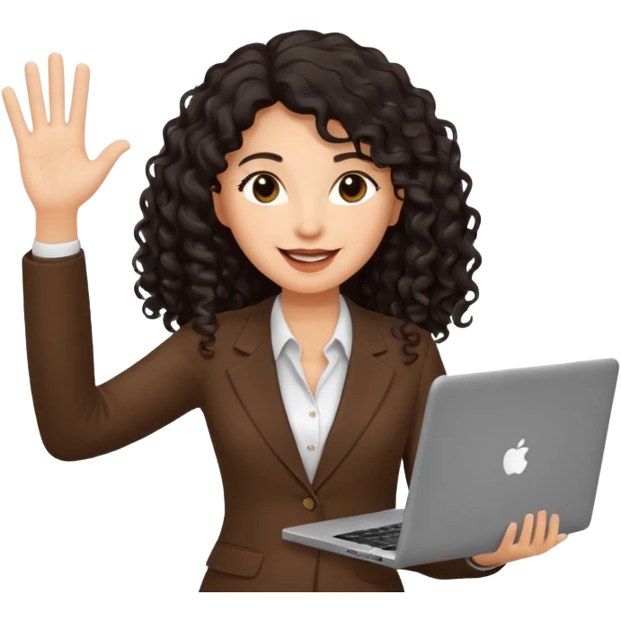 medium deep tan brown business woman with long black curly hair, waving hand with happy face and holding a laptop emoji