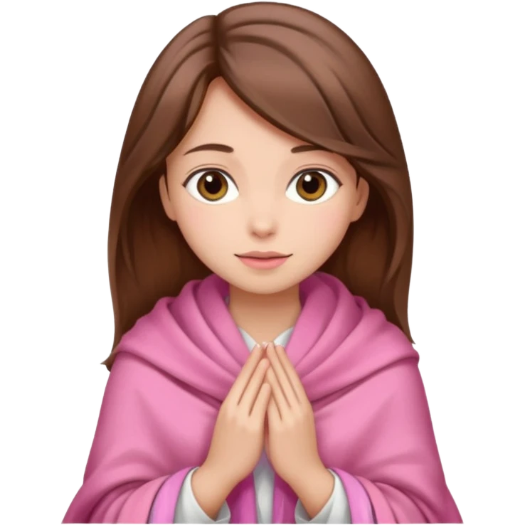 A girl with brown hair, wearing a pink shawl, has beautiful features and her hand rests on the shawl. emoji