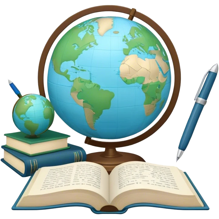 Create an emoji representing language translation. The design should feature a single globe in the background, symbolizing international communication. In front of the globe, place two opened books, with texts in it and a pen nearby to indicate the act of writing. Use a clean and professional color palette with blues, greens, and neutral tones. Do not include any emojis or smiley faces. Make the background transparent emoji