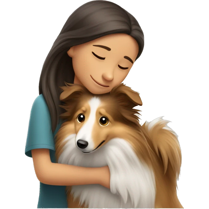 Sheltie dog hugs with girl emoji