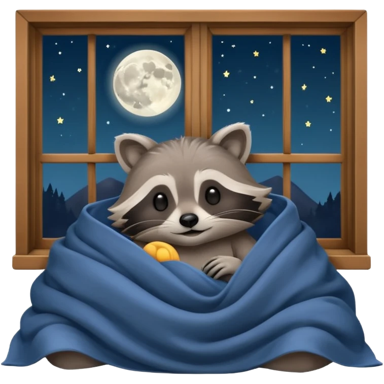 A raccoon sleeps under a blanket against the backdrop of an open window with the moon emoji