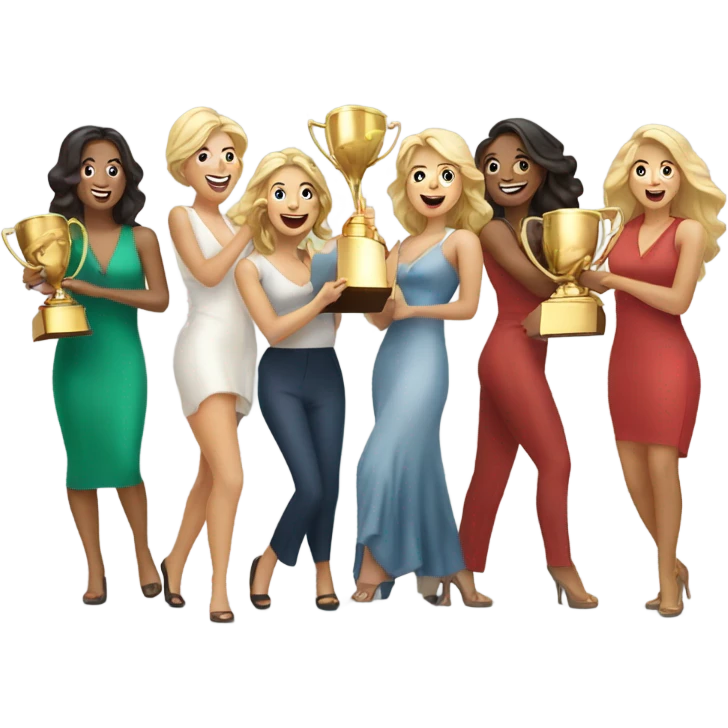 Eight beautiful blonde and Latina women celebrating with a huge gold trophy emoji