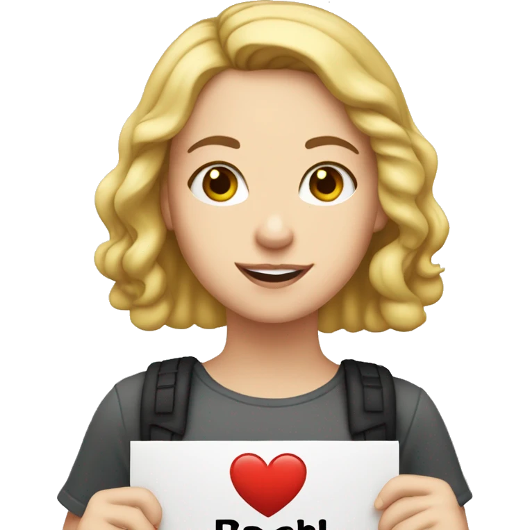 White girl holding sign that says “i love rachel” emoji