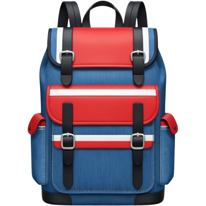 Minimalist emoji-style icon of a stylish blue denim backpack with a flap top, two vertical black buckle straps, a large red-white-navy horizontal block in the center, and two zipper side pockets. Inspired by Tommy Jeans design. Front view, cartoon-like, clean design.

 emoji