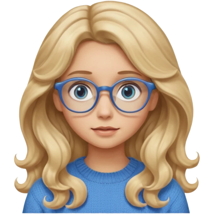 blonde girl with long dark blonde wavy hair, blue big eyes, pantos-style glasses, a brown sweater, sitting and looking in laptop, soft pastel, upper body shot emoji