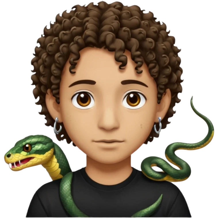 Chico con cabello medio corto, rizado, con ojos marrones, piel trigueña, con dos piercings debajo del labio (Snake bites) y dos piercings en cada oreja con pendientes negro, con polera negra emoji
