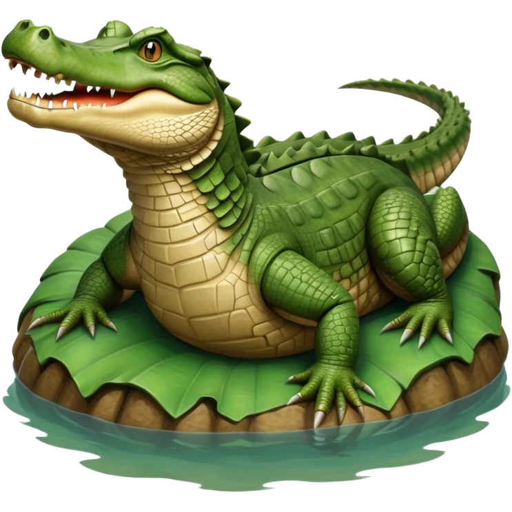 cinematic-crocodile-realistic-full-body-lounging-emoji,-massive-scaled-body-partially-submerged-in-shallow-water,-head-tilted-dramatically,-rough-green-and-brown-hide-textured-with-deep-ridges,-simplified-yet-realistic-focused-features, head held high emoji