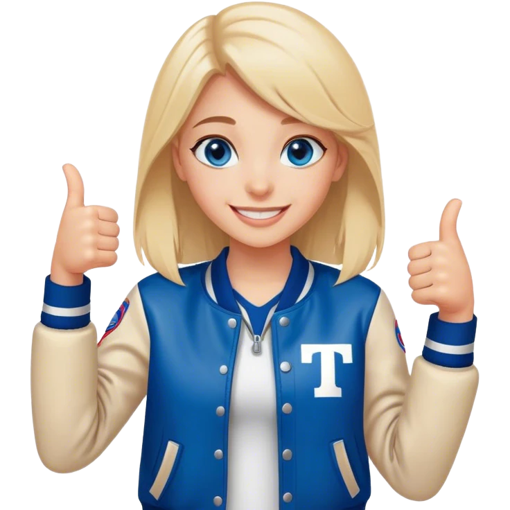 smiling girl in letterman jacket Blue eyes thumbs up, Name is Tini  emoji