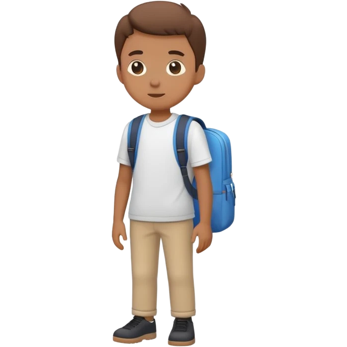 A flat-style illustration of a student character standing upright, wearing a backpack and casual school clothes. Clean, minimal cartoon style, white background, iOS emoji aesthetic. emoji