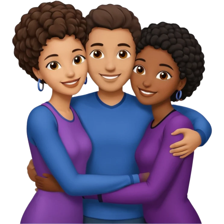  middle Eastern man with short brown hairwith two black african women both are African one is medium tone skin black and one is medium tone black with african hair styles. and they are all smiling and putting their arms around each other and kissing sexually  emoji