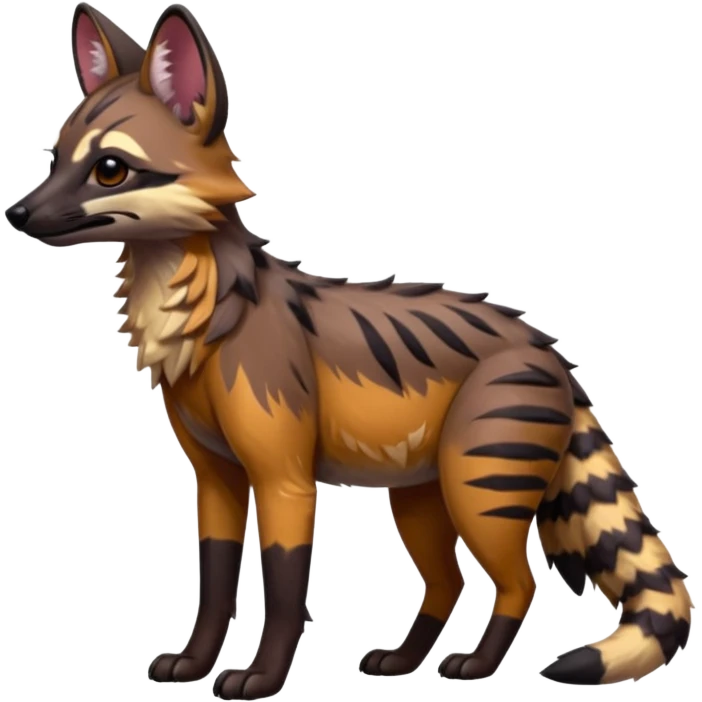 Shiny Colorful Dusky Dark Gloomy Glossy Aardwolf-Maned-Wolf-Genet-Bobcat-fusion-animal-hybrid-creature, full body emoji