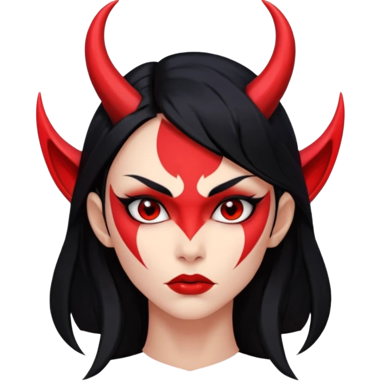 Head demon girl, strong pronounced cheekbones, sharp angular jawline, skin fully pure red everywhere, long straight sleek black hair, small horns emoji