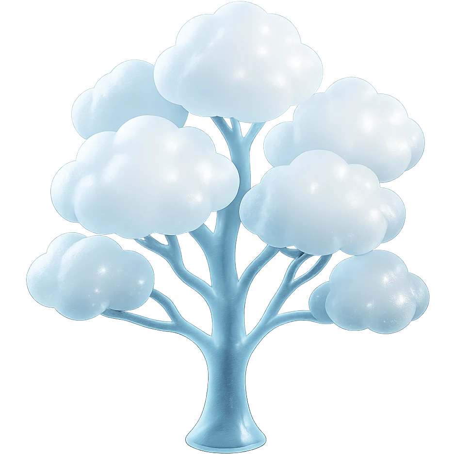 one tree with many branches and a white trunk, crown made of small very bright white fluffy convex clouds, matte glass style emoji