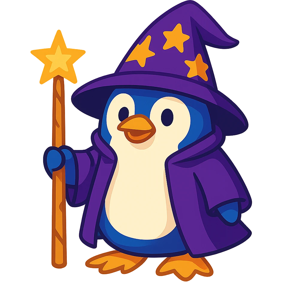 fun and whimsical penguin dressed as a wizard, with a pointy hat and a magic staff emoji