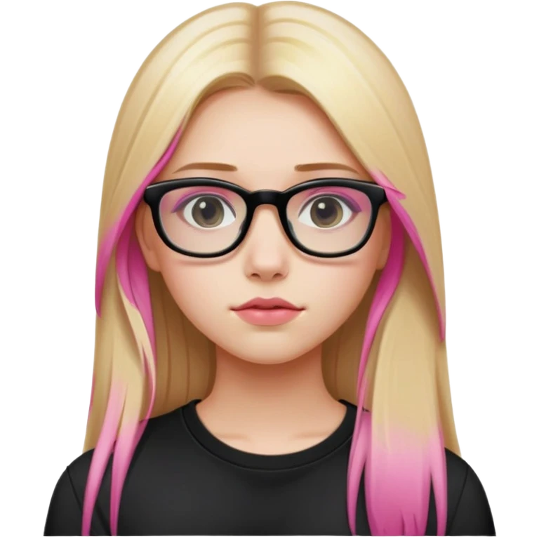Teenage girl taking a selfie in a school bathroom. Long straight blonde hair with pink dye, rectangular glasses, black shirt, neutral expression with slightly glossy lips emoji