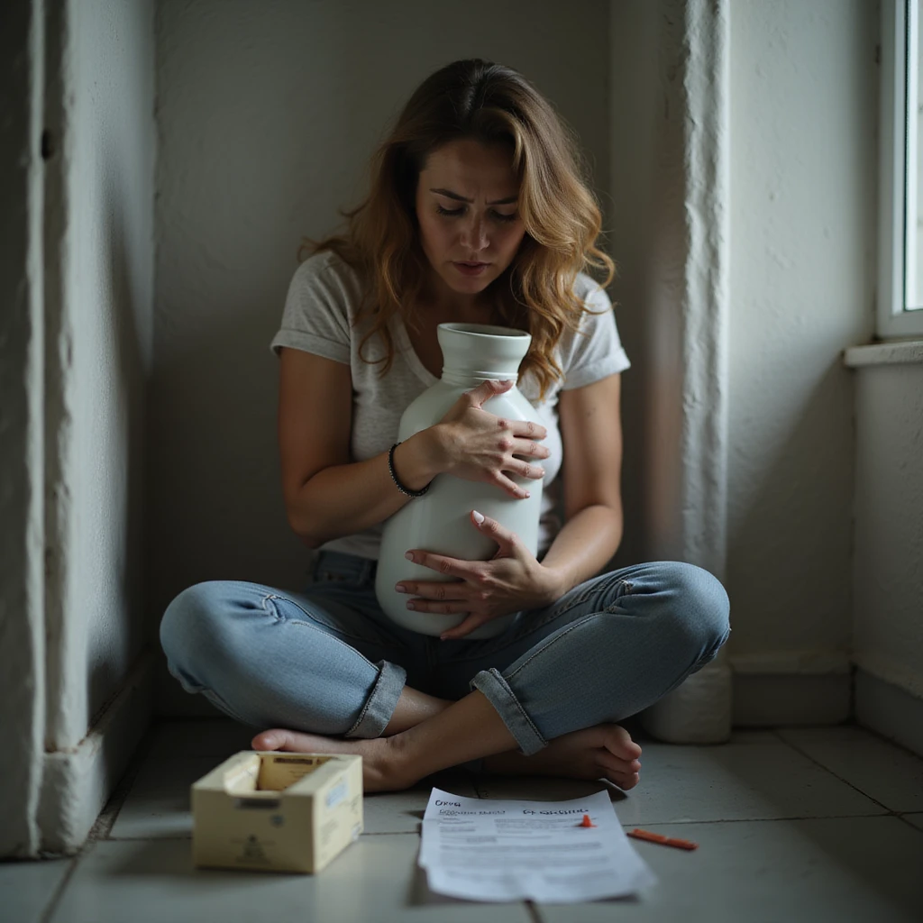 hyperrealistic 4K image of a woman sitting against the bathroom wall, knees to chest, hugging a hot water bottle, empty box of biologic drug and medical papers with 'Crohn' diagnosis next to her, expression of suffering emoji