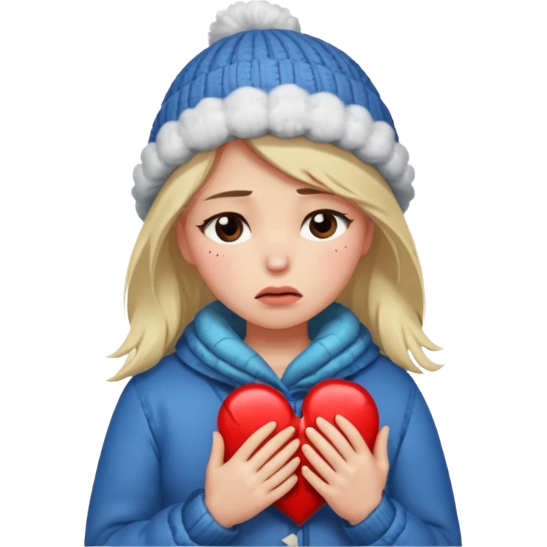 woman broken hearted, shedding a tear, looking down sad holding her heart breaking, wearing a winter outfit emoji