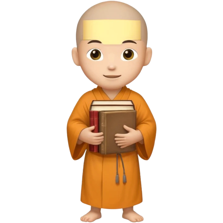 A young monk carrying a stack of ancient books, slightly wobbling but smiling softly.
 emoji