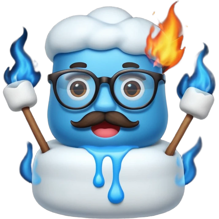blue marshmallow on fire, surprised with mustache and glassess, just marshmallow emoji