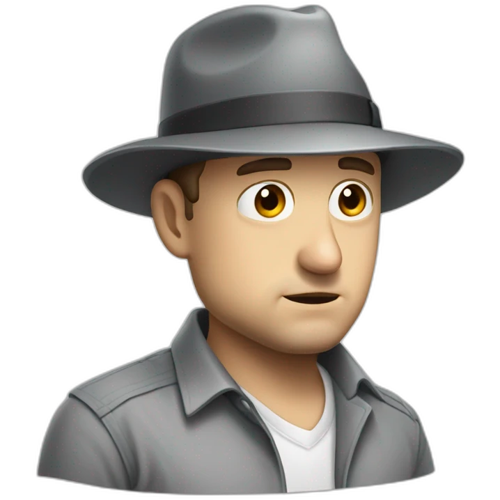 tim robinson wearing a grey fedora with a grey flap on the back white shirt looking scared and sad 3 quarter angle emoji